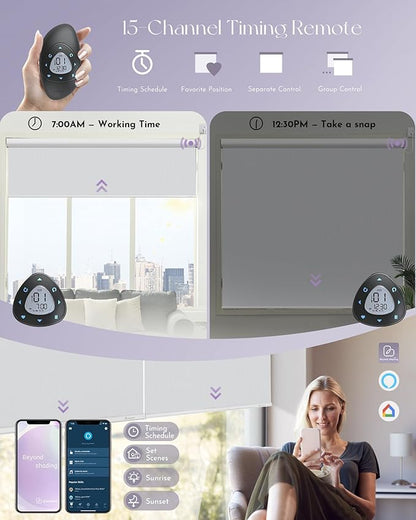 Graywind Motorized Roller Shade 100% Blackout Work with Alexa Google Waterproof Vinyl Fabric Remote Control Hardwired Window Shades Window Blinds, Customized Size (White)