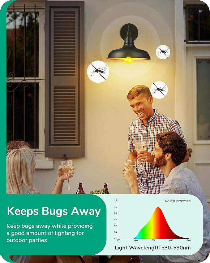 EDISHINE A19 Yellow Light Bulbs, 9W(60W Equivalent), 600LM 2400K Amber Glow Outdoor Bug Light Bulbs, Non-Dimmable, E26 Medium Base, UL Listed, 8 Pack
