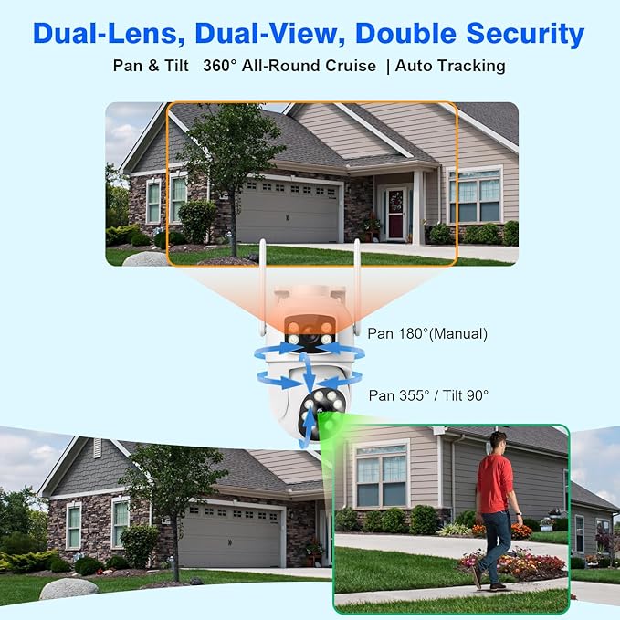 WiFi Security Camera 4MP, Dual Lens View, Pan Tilt Fixed, Indoor Outdoor, Humanoid Motion Detection, Auto Tracking, 2-Way Audio, IP66 Waterproof Spotlight Siren Alarm, Full Color Night Vision