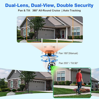 WiFi Security Camera 4MP, Dual Lens View, Pan Tilt Fixed, Indoor Outdoor, Humanoid Motion Detection, Auto Tracking, 2-Way Audio, IP66 Waterproof Spotlight Siren Alarm, Full Color Night Vision