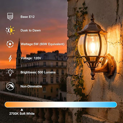 E12 Dusk to Dawn Light Bulbs Outdoor, C35 B11 5W 60W Equivalent 500LM 2700K Soft White Photocell Sensor Filament Candelabra Bulbs, Auto ON/Off Edison Outdoor Bulbs for Garage, Porch, 6 Pack