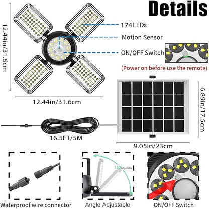 Latband Solar Shed Light Outdoor Indoor Upgrade 1200LM 174LED 4 and 1 Heads Motion Sensor Pendant Light, Solar Lights with 5 Lighting Modes Remote Control IP65 Waterproof for Barn Patio Gazebo Shop