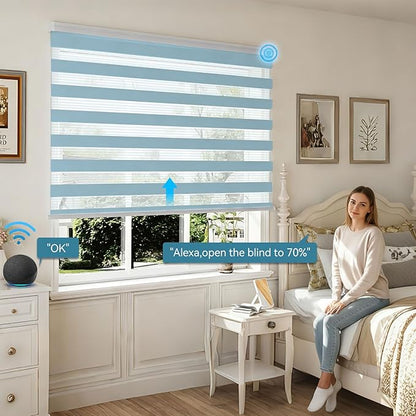 Interior Window Shades, Smart Dual Layer Light Filtering Blinds Compatible with Alexa & Google Home, Customized Size Cordless Electric Window Shades, (Blue, 55% Blackout)