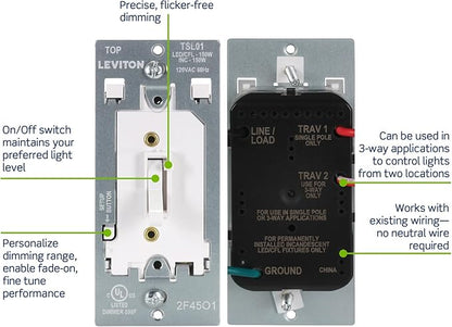 Leviton Toggle Slide LED Advanced Dimmer Switch for 150W Dimmable LED, Halogen and Incandescent Bulbs and Fixtures, TSL01-W, White
