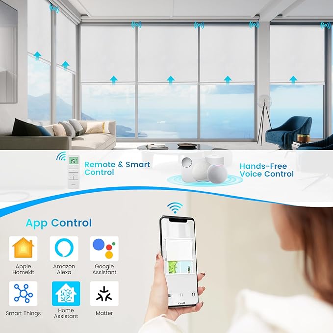 Motorized 100% Blackout Roller Shades – Custom Smart Blinds with Remote Control, Rechargeable Battery or Plug-in Motor, Tuya WiFi Optional, Home & Office Automatic Window Shades (Gray/CH9393)