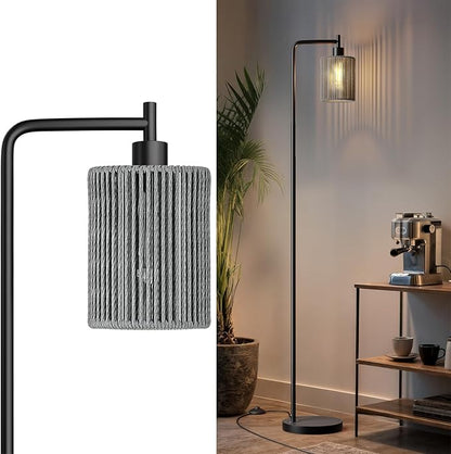 Oneach 66" Black Floor Lamp for Living Room, Boho Floor Lamp with LED Bulb, Foot Switch, Gray Rattan Shade, Industrial Tall Farmhouse Standing Lamp for Bedroom, Dining Room, Study Room, Office