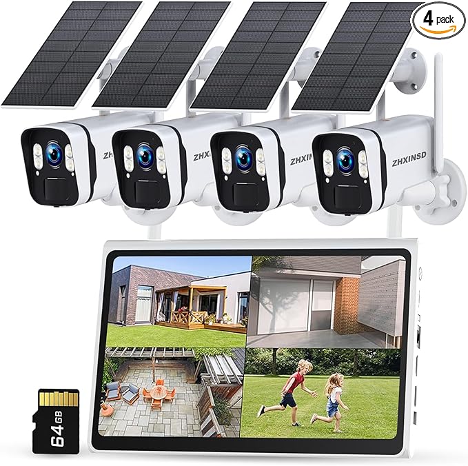 Solar Security Cameras Wireless Outdoor: 2.5K/4MP UHD Battery Solar Powered Home Security Wifi System with 10" LCD Monitor, 10CH NVR Color Night Vision Smart Motion Alert 2-Way Audio 64GB Storage