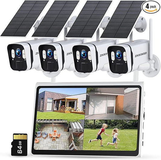 Solar Security Cameras Wireless Outdoor: 2.5K/4MP UHD Battery Solar Powered Home Security Wifi System with 10" LCD Monitor, 10CH NVR Color Night Vision Smart Motion Alert 2-Way Audio 64GB Storage