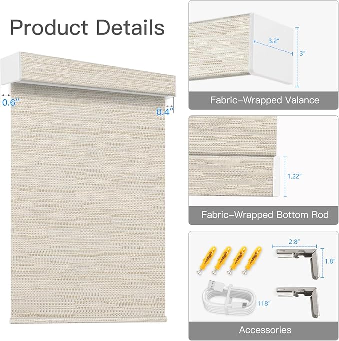 Tokblind Motorized Blackout Roller Shade Fabric Covered Valance and Bottom Rod, Remote Control Electric Window Blind Work with Alexa Google via Hub, Custom Size (Texture Light Coffee - Wrapped Fabric)