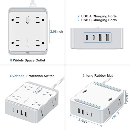 Surge Protector Power Strip, REALMADE 8 AC 4 UAB Power Strip with 950J Surge Protection, Flat Plug Outlet Extender, 10Ft Extension Cord, Wall Mount Desk Charging for Home Office， White & Gray