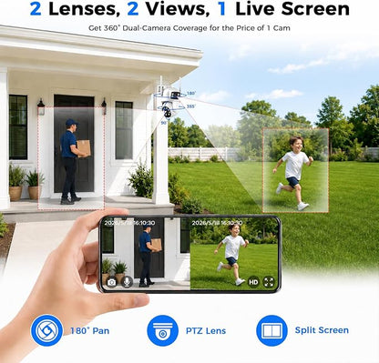 Camcamp Home Security Camera System Wireless Outdoor, 4 Dual Lens Cameras | PTZ auto tracking,10CH NVR,500GB HDD,24/7 recording,no monthly fee,color night vision,2-way audio,IP66 weatherproof