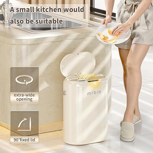 MRBIN Automatic Adsorption Metal Trash Can for Bathroom, Touchless Garbage Bin with Lid, 4.8 Gallon Slim Trash Can for Office and Bedroom, Kitchen Electric Motion Sensor Waste Basket, Cream White