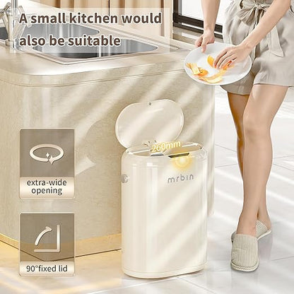 MRBIN Automatic Adsorption Metal Trash Can for Bathroom, Touchless Garbage Bin with Lid, 4.8 Gallon Slim Trash Can for Office and Bedroom, Kitchen Electric Motion Sensor Waste Basket, Cream White
