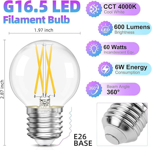 GvvooHome G16.5 LED Bulb Dimmable, 6W, 60 watt Equivalent, 4000K Neutral White E26 Globe Bulb, Round Edison Bulbs for Ceiling Fan, Pendant, Chandeliers, 90+CRI 600LM, 6 Pack