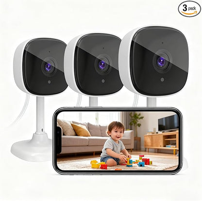 AMOROM 3 Pack Indoor Wired Security Camera, Works as a Baby Monitor & Pet Camera, Motion Detection, 2-Way Audio, Siren, Night Vision, Subscription-Free Local SD Card or Cloud Storage, 2.4GHz