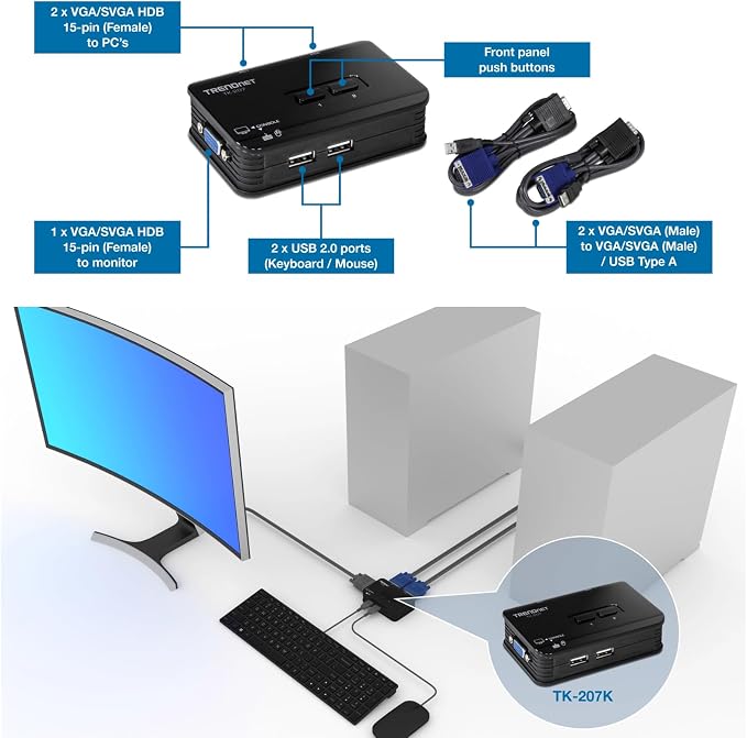 TRENDnet 2-Port USB KVM Switch, TK-207K | Control Two Computers with One Set of Console Controls,2048 x 1536 Resolution,60Hz Refresh Rate,All Required Cabling Included