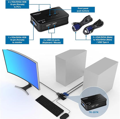 TRENDnet 2-Port USB KVM Switch, TK-207K | Control Two Computers with One Set of Console Controls,2048 x 1536 Resolution,60Hz Refresh Rate,All Required Cabling Included
