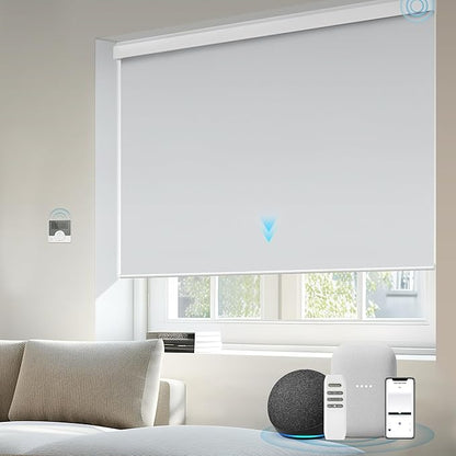 Motorized Blinds Compatible with Alexa Google Custom to 115" Width 100% Blackout Smart Blind Automatic Large Window Roller Shades Remote Control Vinyl Light Grey
