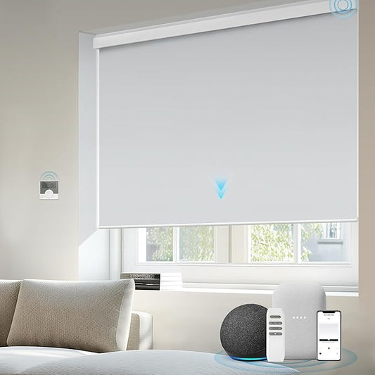 Motorized Blinds Compatible with Alexa Google Custom to 115" Width 100% Blackout Smart Blind Automatic Large Window Roller Shades Remote Control Vinyl Light Grey