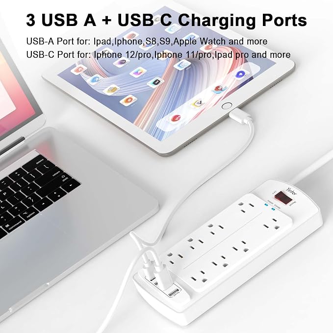 Yintar 10Ft Surge Protector Power Strip with 8 Outlets and 4 USB Ports | 10 Feet Flat Plug Extension Cord with Multiple Outlets for Home, Office, Dorm Essentials, 2700 Joules, ETL, White