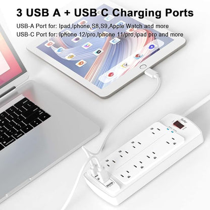 Yintar 10Ft Surge Protector Power Strip with 8 Outlets and 4 USB Ports | 10 Feet Flat Plug Extension Cord with Multiple Outlets for Home, Office, Dorm Essentials, 2700 Joules, ETL, White