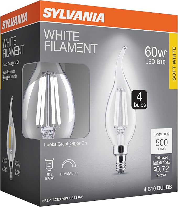 Sylvania B10 Clear LED White Filament Bulb, 6W, Dimmable, 500 LMS, Candelabra Base, 2700K, Soft White - 4 Pack (41848)