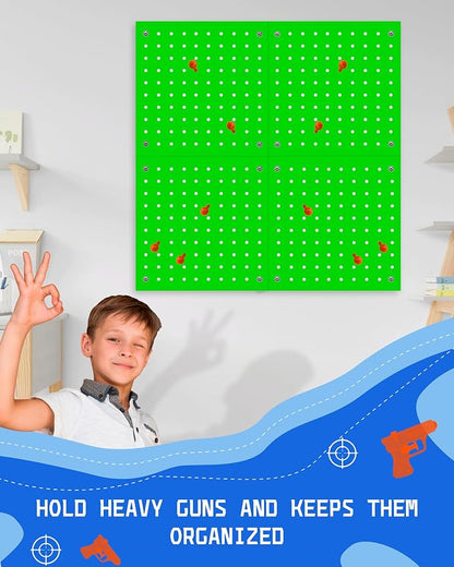 Wooden Peg Board for Nerf Gun Storage Organizer 13 x 13 x 0.31 In - Green | 4 MDF Panels, 20 Wooden Pegs, Compatible with All Blasters Nerf Gun Rack Organizer for Wall Organization