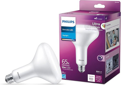 PHILIPS LED 65W BR40 1-Pack Ultra Definition Daylight (5000K) 800 Lumen (10W = 65W) Dimmable Frosted Flicker-Free Light Bulb