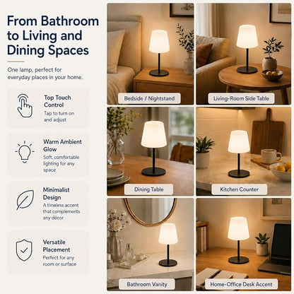 IP65 Waterproof Shower Lamp, Cordless Rechargeable Table Lamp, Black | 4000mAh Battery Operated Lamp, Spa-Like Glow for Showers, Vanity, Bedside and Patios; 3 Color Temperatures, Touch Dimming