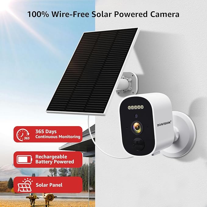 BOAVISION Solar Security Cameras Wireless Outdoor for Home Security, 2K Color Night Vision WiFi Surveillance Home Camera with Solar Panel, Spotlight, PIR Detection, 2-Way Talk