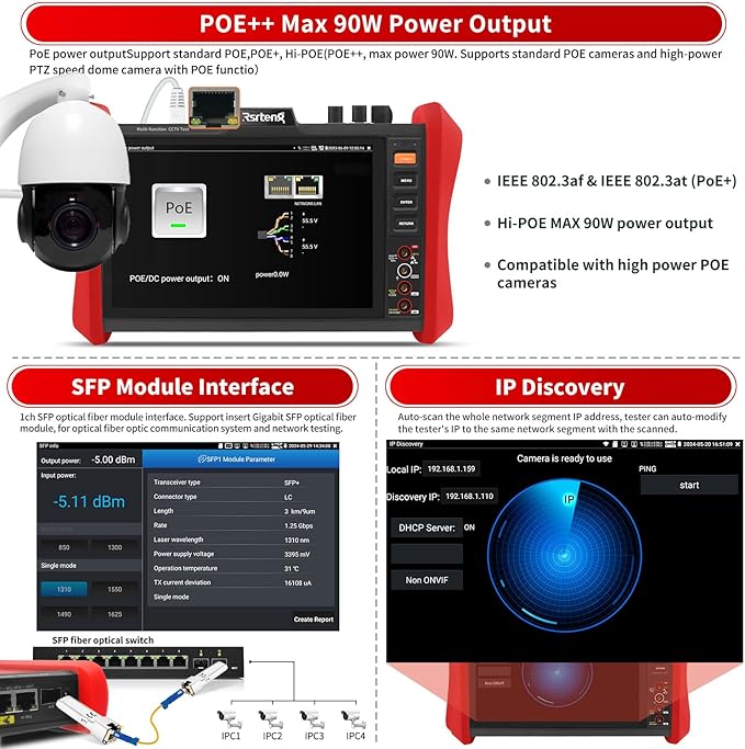 Rsrteng CCTV Tester 4K 12MP IP Camera Tester POE++ Max 90W POE Camera Tester OPM/VFL/DMM,8MP TVI/CVI/AHD/CVBS Coaxial Camera Tester,1CH SFP Module,WiFi,Network Tools,Cable Tester,HD/VGA,POE Detection
