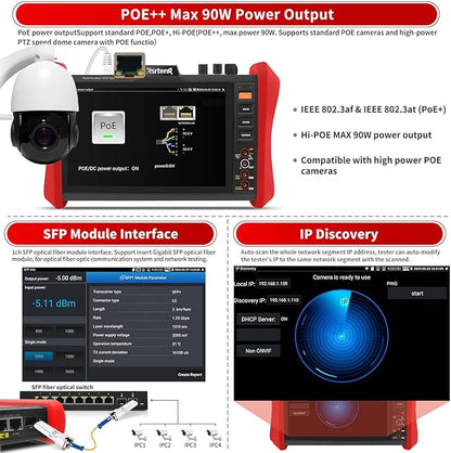 Rsrteng CCTV Tester 4K 12MP IP Camera Tester POE++ Max 90W POE Camera Tester OPM/VFL/DMM,8MP TVI/CVI/AHD/CVBS Coaxial Camera Tester,1CH SFP Module,WiFi,Network Tools,Cable Tester,HD/VGA,POE Detection