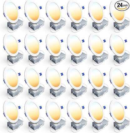 Ensenior 24 Pack 6 Inch LED Recessed Ceiling Light, Dimmable, 2700K-5000K 5CCT, 1200LM 12W 120V, High Brightness Canless Wafer Downlight - ETL&FCC&IC