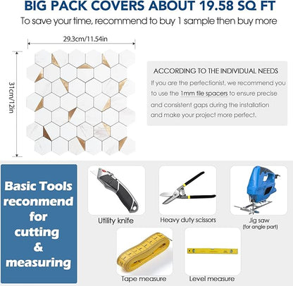 10-Sheet Hexagon Peel and Stick Backsplash Tile,12x12 inches Carla White Mixed Metal 3D PVC Wall Tiles Stick on Backsplash for Kitchen and Bathroom