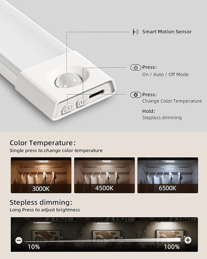 EZVALO 3 Pack 8” Motion Sensor Light Indoor, Wireless Under Cabinet Lighting, 30 LED Rechargeable Closet Lights, Dimmable, 3 Color Temperatures, Counter Lights for Wardrobe, Pantry, Bedroom, Kitchen