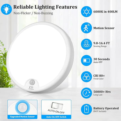 2-Pack Battery Operated Motion Sensor LED Ceiling Light, 7.2inch Flush Mount Light Fixture 6000K, Wireless Motion Activated Ceiling Lamp in 400LM for Closet Pantry Laundry Stair(Battery Not Included)