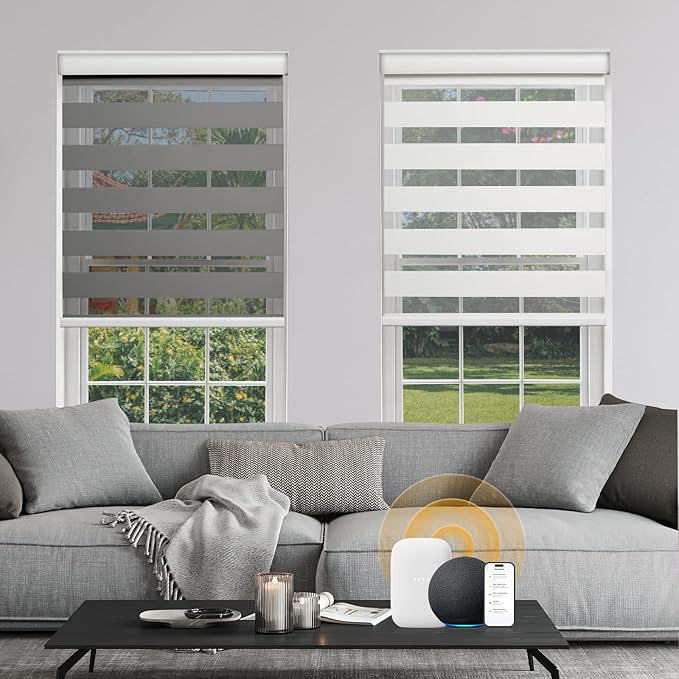 Custom Motorized Zebra Blinds Smart Blinds with Remote Electric Shades for Indoor Windows Light Filtering Automatic Dual Layer Horizontal Shades Compatible with Google Alexa