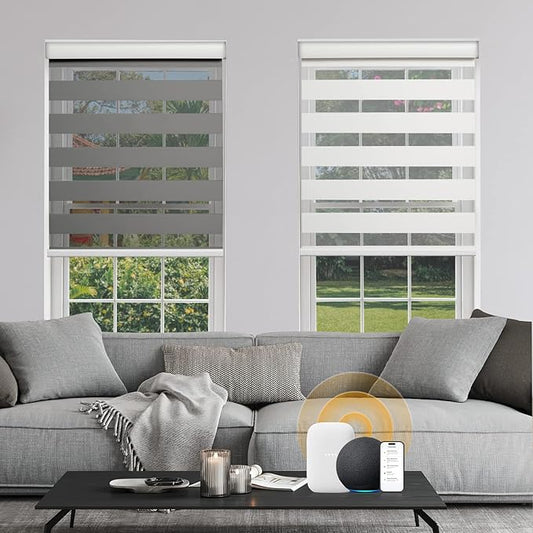 Custom Motorized Zebra Blinds Smart Blinds with Remote Electric Shades for Indoor Windows Light Filtering Automatic Dual Layer Horizontal Shades Compatible with Google Alexa