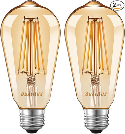 Qualilux Dusk to Dawn Edison Light Bulbs ST19, Vintage Amber Glass, 2300K Amber Warm, 6.5W=60W, Non-Dimmable Auto On/Off Light Sensing LED Filament Bulb Outdoor, 700LM, E26, 2-Pack, HQ-H027