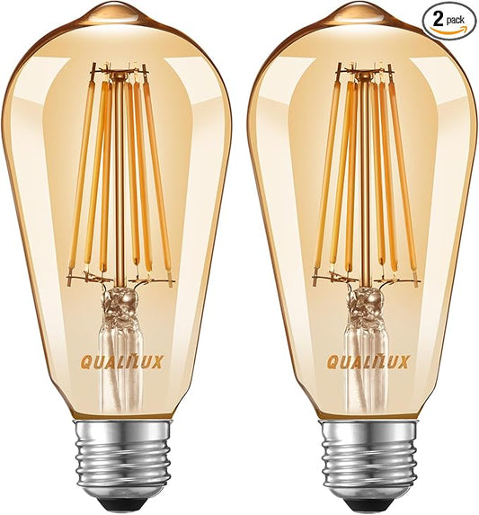 Qualilux Dusk to Dawn Edison Light Bulbs ST19, Vintage Amber Glass, 2300K Amber Warm, 6.5W=60W, Non-Dimmable Auto On/Off Light Sensing LED Filament Bulb Outdoor, 700LM, E26, 2-Pack, HQ-H027