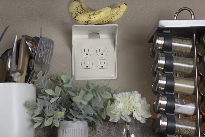 Power Perch Double Outlet Shelf Organizer for Alexa Echo Dot Speakers, Phone - Wall Outlet Holder with Cord Storage Strap - Socket Shelf Bathroom Kitchen Counter Charging Station - Almond 2 Pack