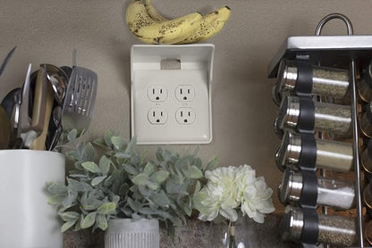 Power Perch Double Outlet Shelf Organizer for Alexa Echo Dot Speakers, Phone - Wall Outlet Holder with Cord Storage Strap - Socket Shelf Bathroom Kitchen Counter Charging Station - Almond 2 Pack
