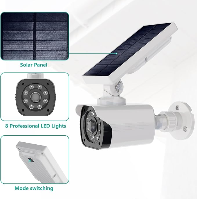 WALI Solar Powered Fake Camera with Motion Sensor Floodlight, 1 Pack, White