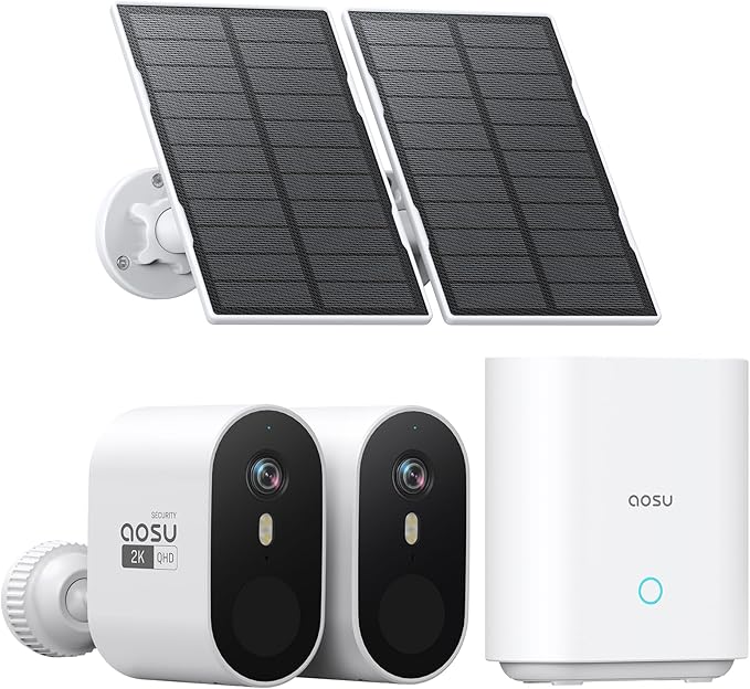 aosu Solar Security Cameras Wireless Outdoor, 2-Cam Kit, 2K QHD Home Security System with 166° Ultra-Wide Angle, Color Night Vision, 120 Days aosuBase Local Storage, No Subscription Needed
