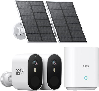 aosu Solar Security Cameras Wireless Outdoor, 2-Cam Kit, 2K QHD Home Security System with 166° Ultra-Wide Angle, Color Night Vision, 120 Days aosuBase Local Storage, No Subscription Needed
