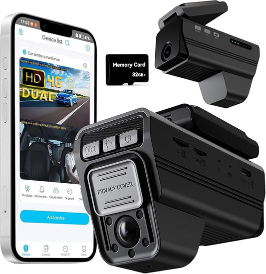 4G LTE Dash Cam Front and Inside, Dual 2K Car Security Camera with Remote Live View, GPS Tracking, Cloud Backup, AI Motion Detection, Sentry Mode, 2-Way Audio, IR Night Vision, OBD, 32GB Card