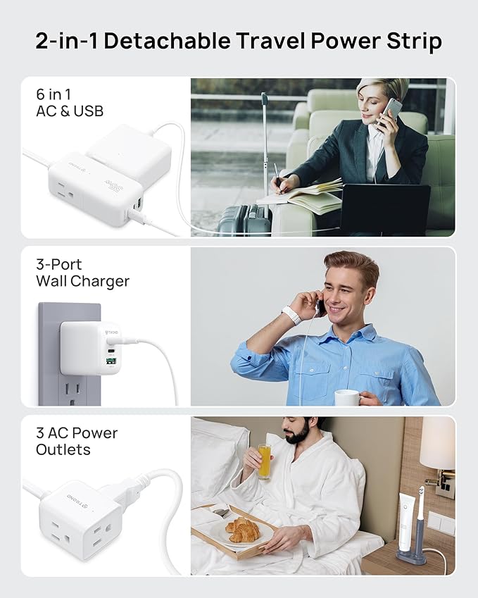 TROND Travel Power Strip with Detachable USB C Ports Fast Charge GaN III PD35W, 5ft Flat Plug Extension Cord with Multiple Outlets, for Home Hotel Dorm Room Cruise Ship Essentials, White