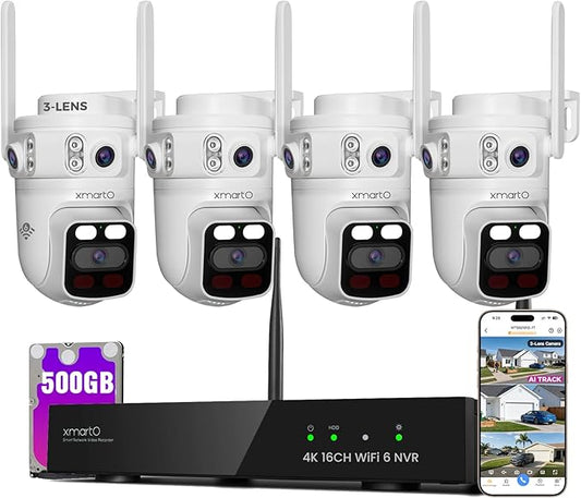 XMARTO 6MP Tri-Lens 4-Cam 500GB WiFi Mesh Security Camera System,16CH 4K H.265 WiFi-Inside NVR,360°PTZ AI Tracking,3-View/Cam,Long Range Wireless,Plug-in 24/7 Home Surveillance,Local & Mobile View