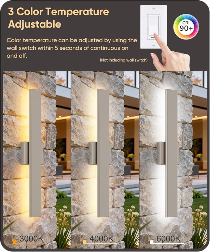 Aipsun 2 Packs Nickel Outdoor Wall Light 23.6inch Modern LED Exterior Wall Sconce, Long LED Linear Exterior Lights 3000K 4000K 6000K for Entrance, Hallway, Garage, Porch(3CCT)