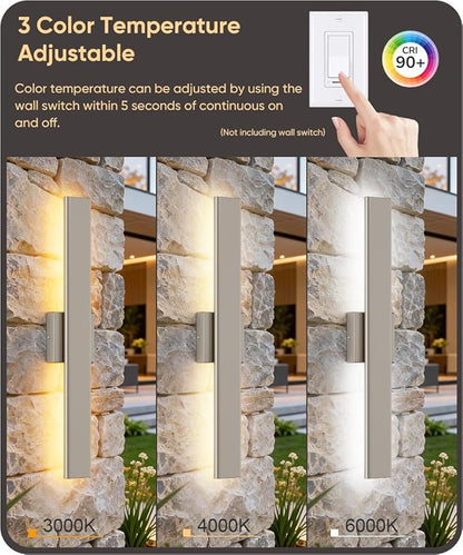 Aipsun 2 Packs Nickel Outdoor Wall Light 23.6inch Modern LED Exterior Wall Sconce, Long LED Linear Exterior Lights 3000K 4000K 6000K for Entrance, Hallway, Garage, Porch(3CCT)